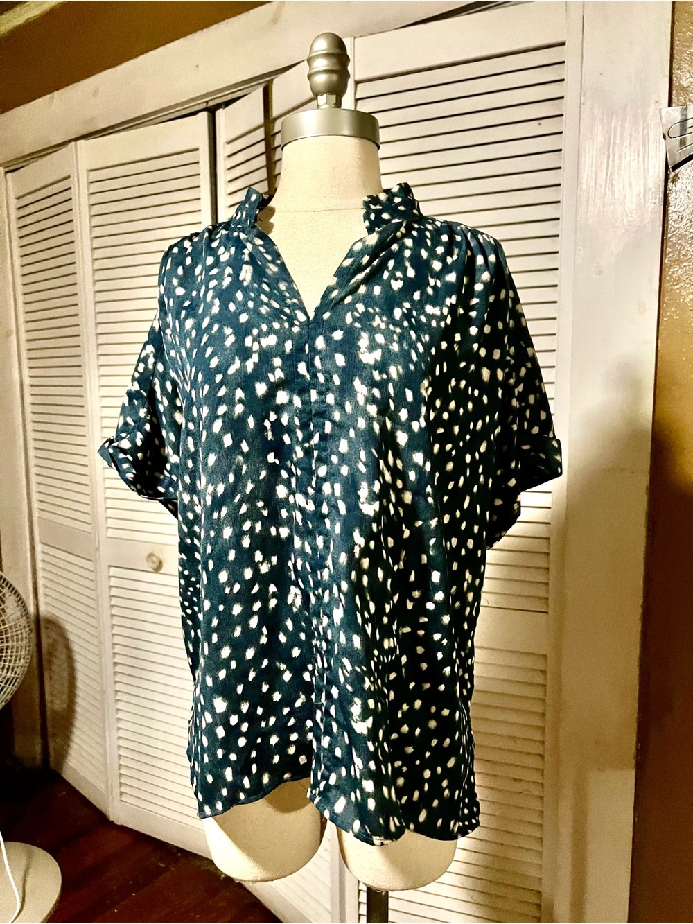 Ann Taylor Navy and White Dot Print Blouse